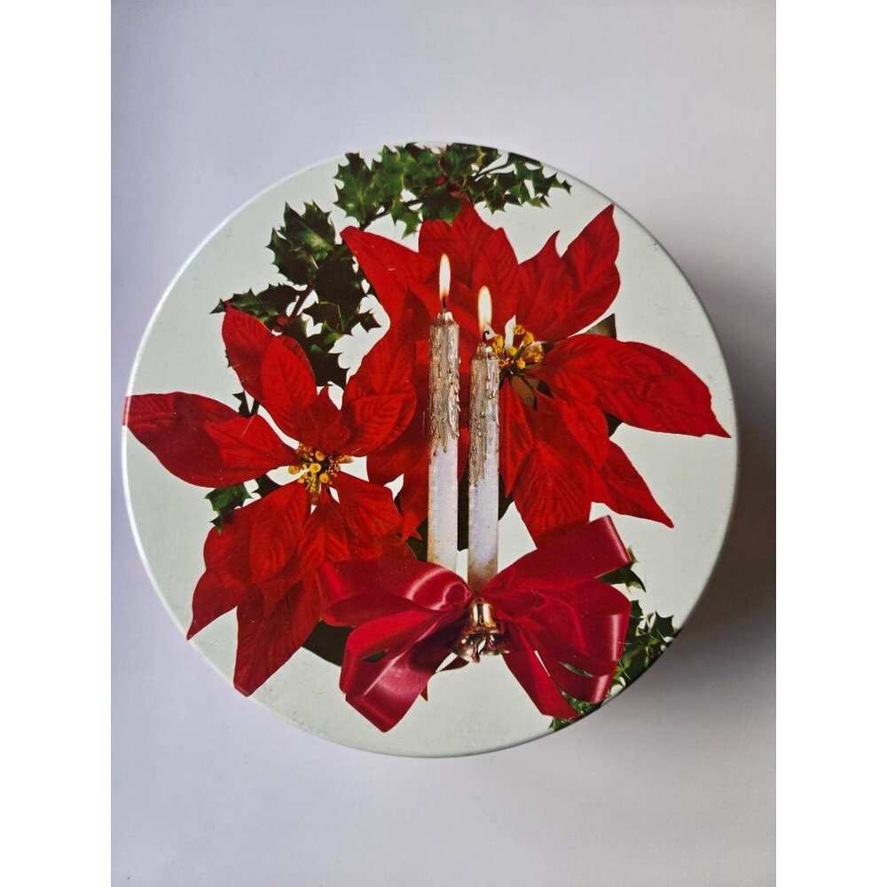 Vintage 1963 Fannie May Christmas Cookie Tin With Poinsettia & Candle Design 6"